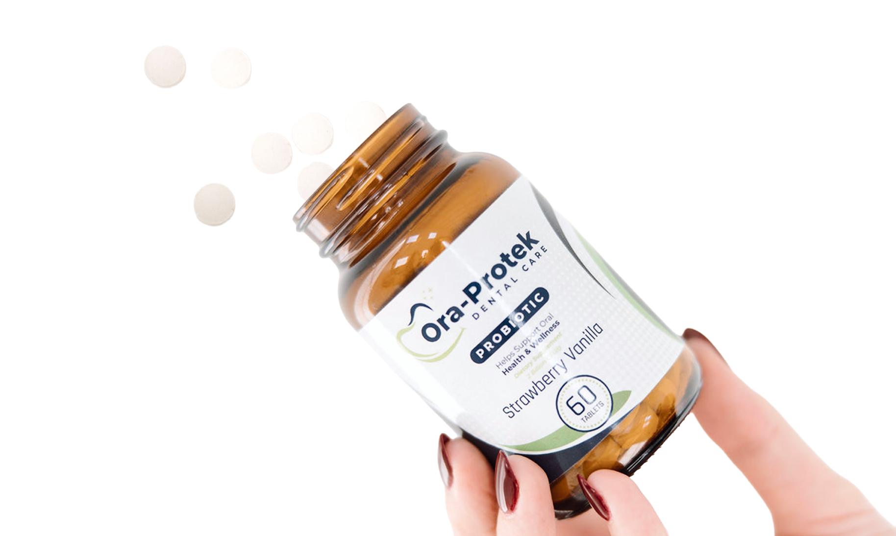 Ora-Protek oral probiotic lozenges spilling from open bottle — 60 count strawberry vanilla tablets